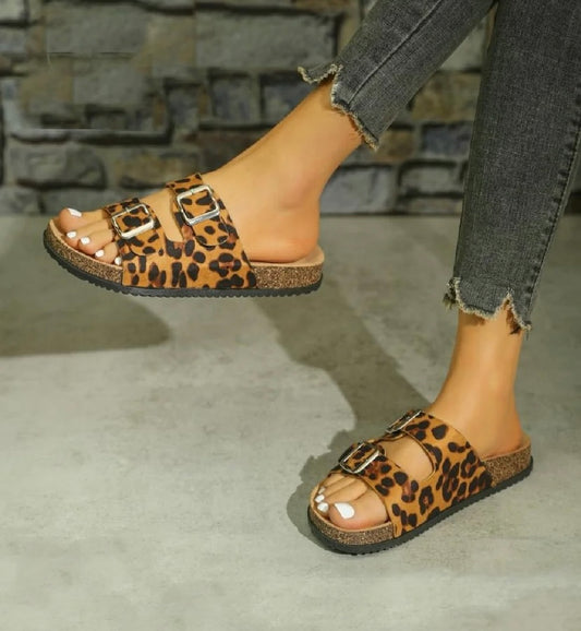 LEOPARD DOUBLE BUCKLE STRAPPY SLIP ON SLIDER SANDALS