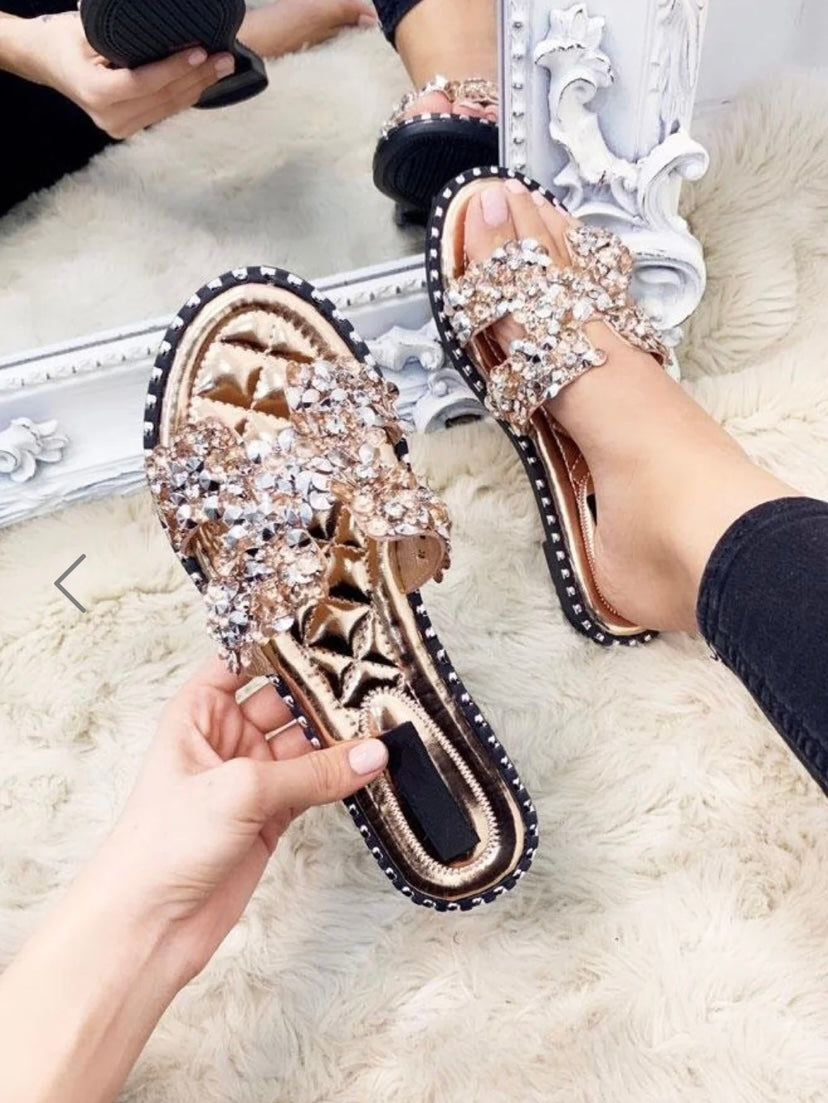 Rose Gold Embellished Sparkly Flat Slider Sandals