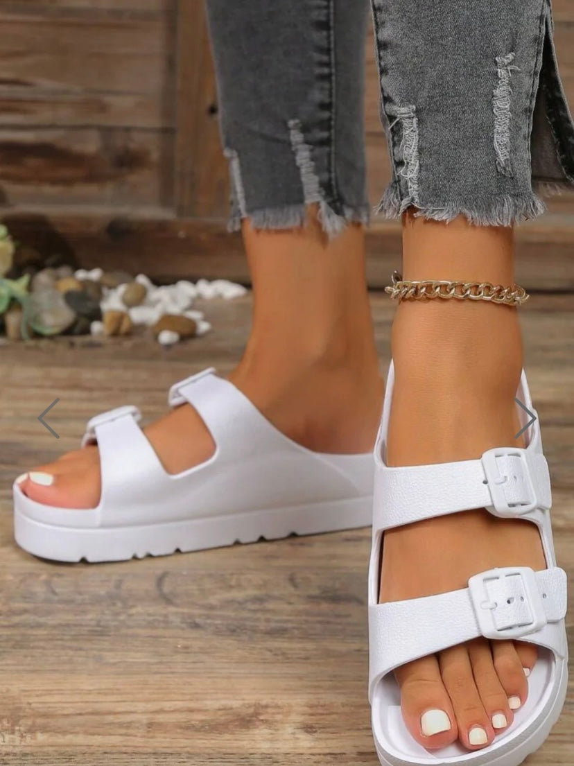 WHITE CHUNKY DOUBLE STRAP SLIP ON SLIDER SANDAL