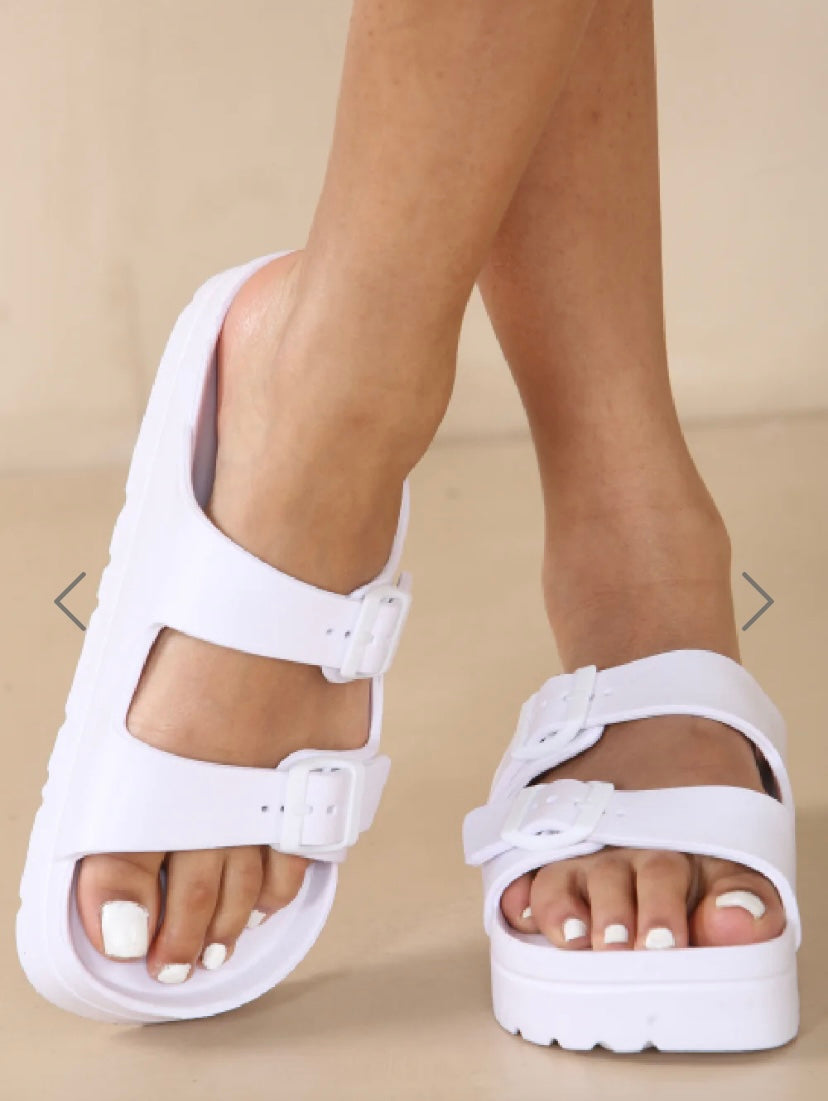 WHITE CHUNKY DOUBLE STRAP SLIP ON SLIDER SANDAL