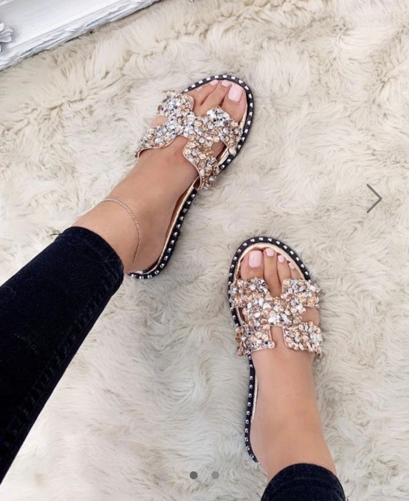 Rose Gold Embellished Sparkly Flat Slider Sandals