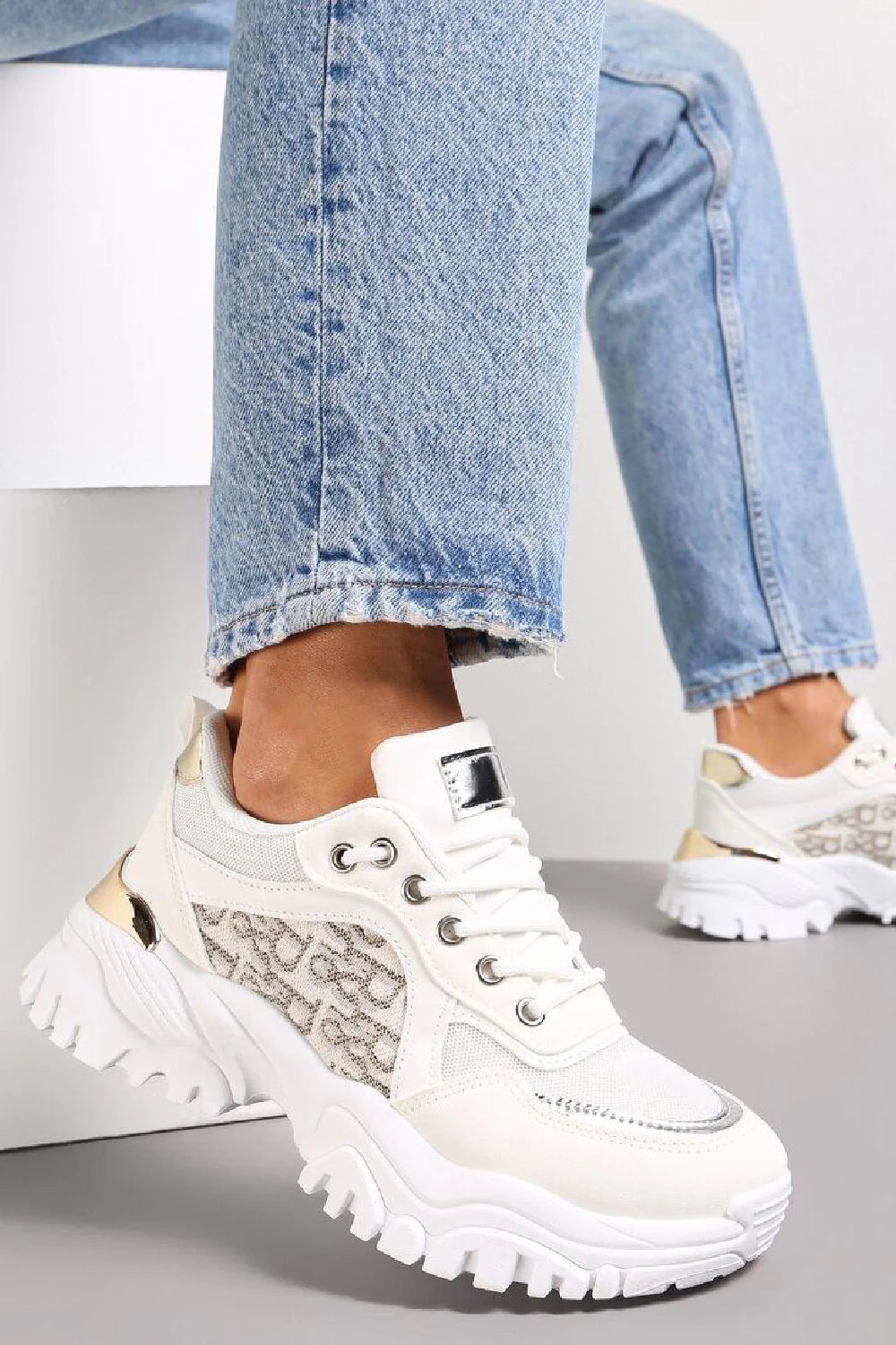 White Lace Up Gold Heel Clip Chunky Trainers